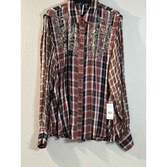 Free People Copper Plaid Snow Top Mountain Top Shirt Button down Medium M NEW - Picture 1 of 16